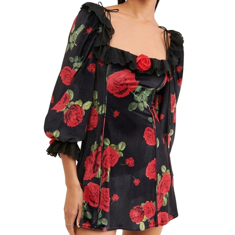 For Love & Lemons Black Velvet Red Floral Yara Mini Dress Size Small